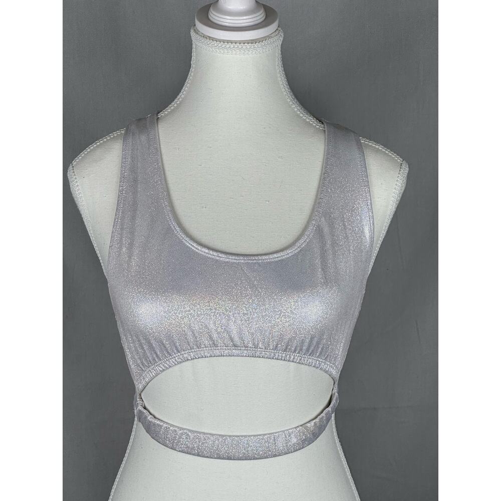 BodyRage Women’s Silver Sparkle Rave Sleeveless open-front top - M